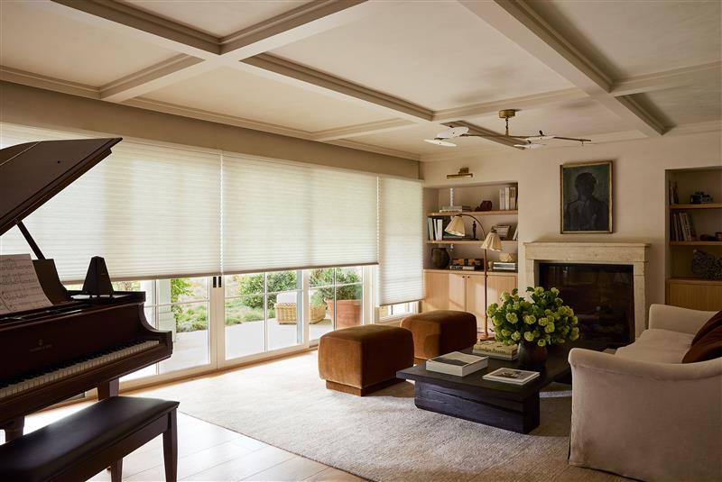 Hunter Douglas cellular shades on sliding glass doors in an elegant living room installed by M.C. Weeks, Inc. in greater Philadelphia PA