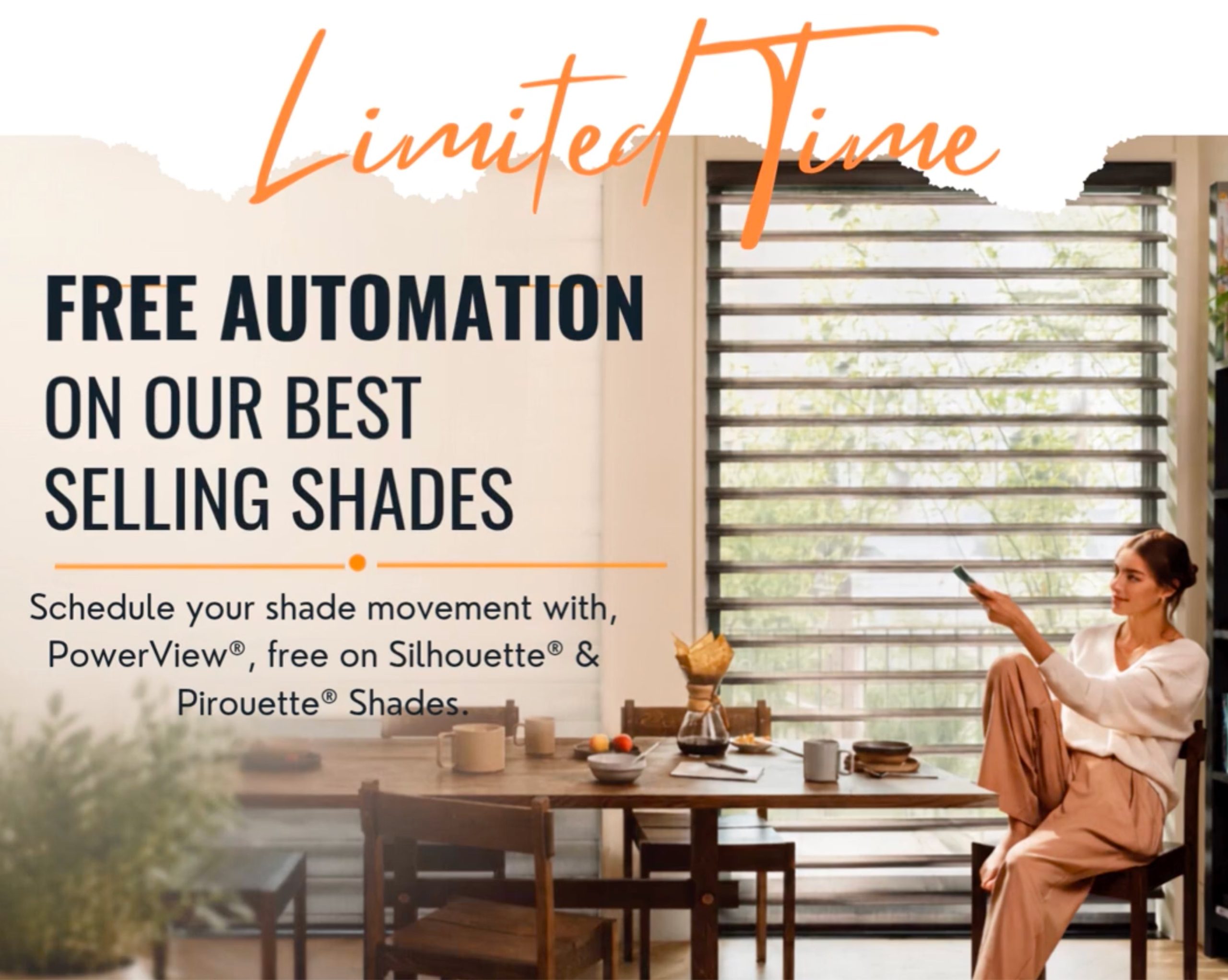 Hunter Douglas promotional graphic featuring free PowerView® automation on Silhouette® and Pirouette® Shades–Limited Time offer through September 30, 2026.