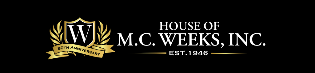 House of M.C. Weeks, Inc. 80th Anniversary logo: gold shield crest with a "W" monogram flanked by laurel branches, with a banner reading "80th Anniversary" and the tagline "Est. 1946" on a black background